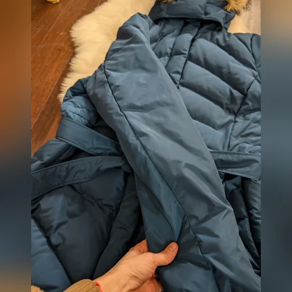 Lands' End Navy Blue Tie Waist Midi Puffer Coat Faux Fur LT Large Tall 14-16 - Picture 4 of 11